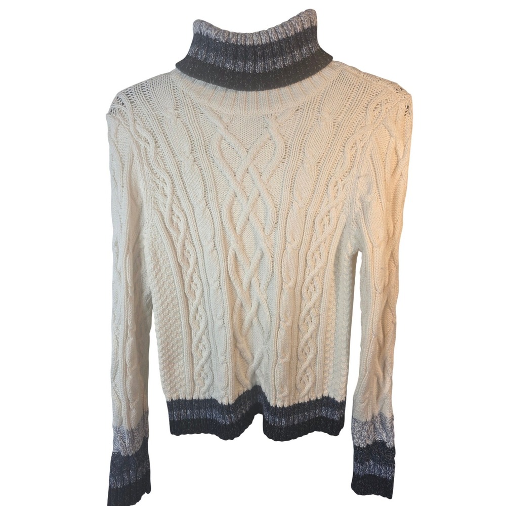 Cable Knit Turtleneck Sweater Cream Grey Marled Trim Wool Blend Pullover Womens